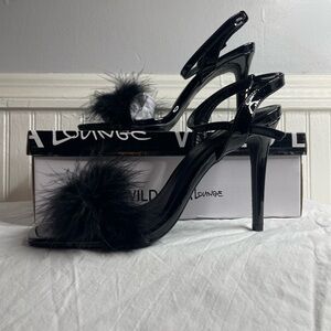 DIVA Lounge Black Patent Feather Pom Stiletto Sandals
